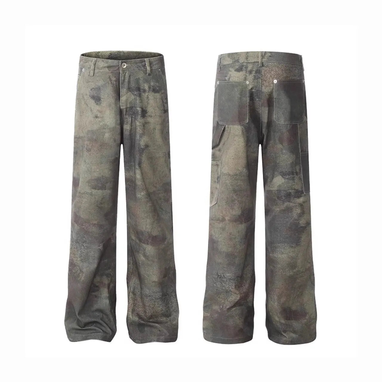 Men's straight-leg jeans with a digital camouflage print on blue denim fabric.