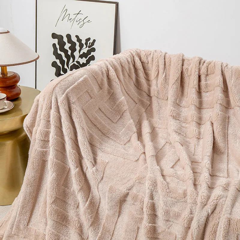 Thick coral fleece blanket in various sizes and colours including brown, white, blue, khaki, and green