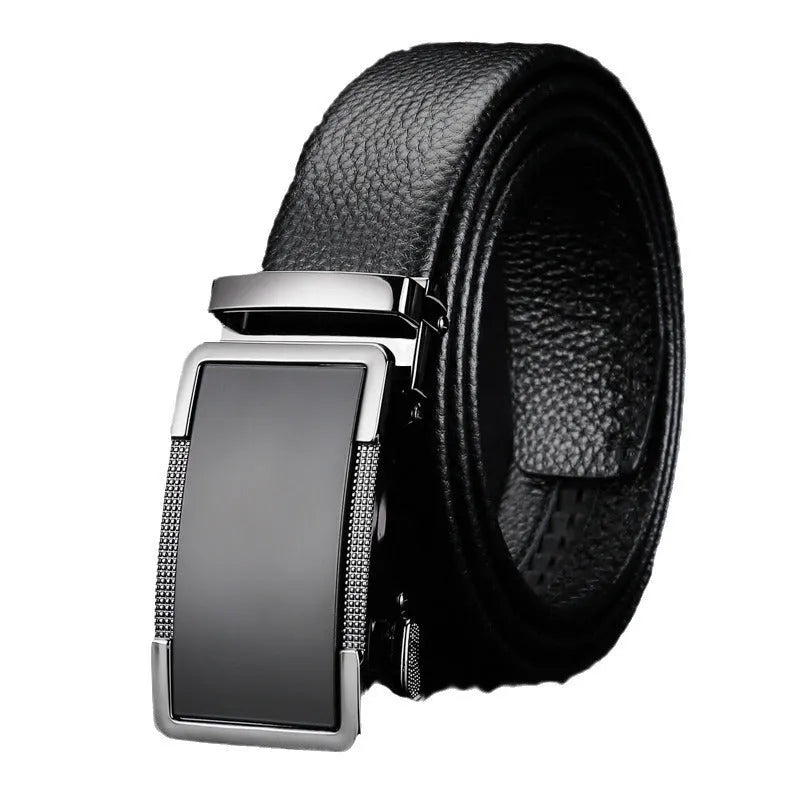 Men's leather automatic buckle belt in gun black, silver, and gold colours.
