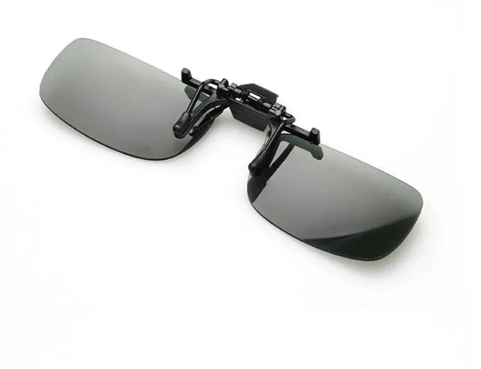 PC clip-on sunglasses for prescription glasses in large and small sizes with dark green, grey, and night vision tint lenses