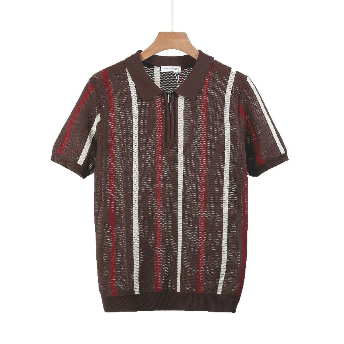 Men's black hollow mesh short-sleeved polo shirt with full-length front zipper decoration