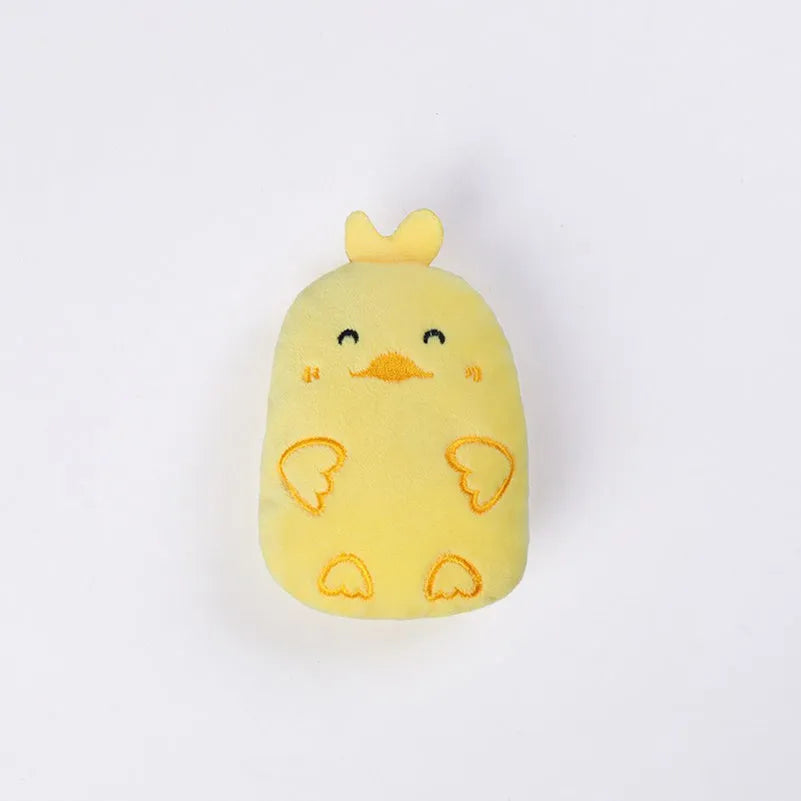 Small plush cat toy with catnip for teeth grinding and chewing play, measuring 11cm long in various animal designs and colours