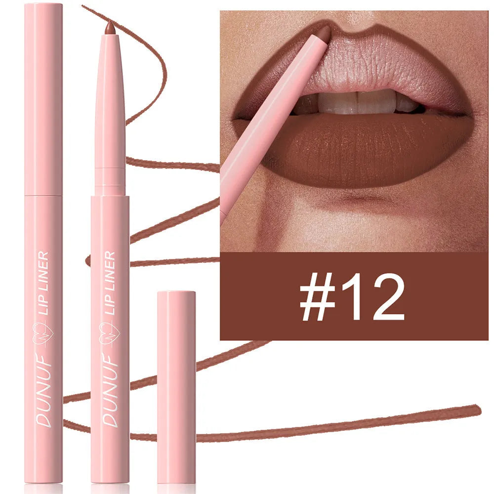 12 Colour Velvet Matte Lip Liner Pencils in assorted shades on a white background.