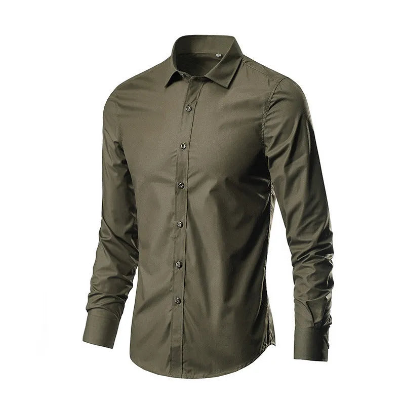 Men's slim fit long sleeve linen shirt in multiple colour options on a hanger.