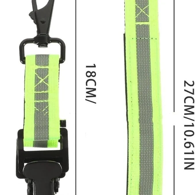 Fluorescent green metal buckle clamp for fireman gloves with reflective details.