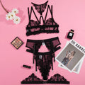 Black women's bikini set with mesh fabric and embroidery stitching, showing front and back.