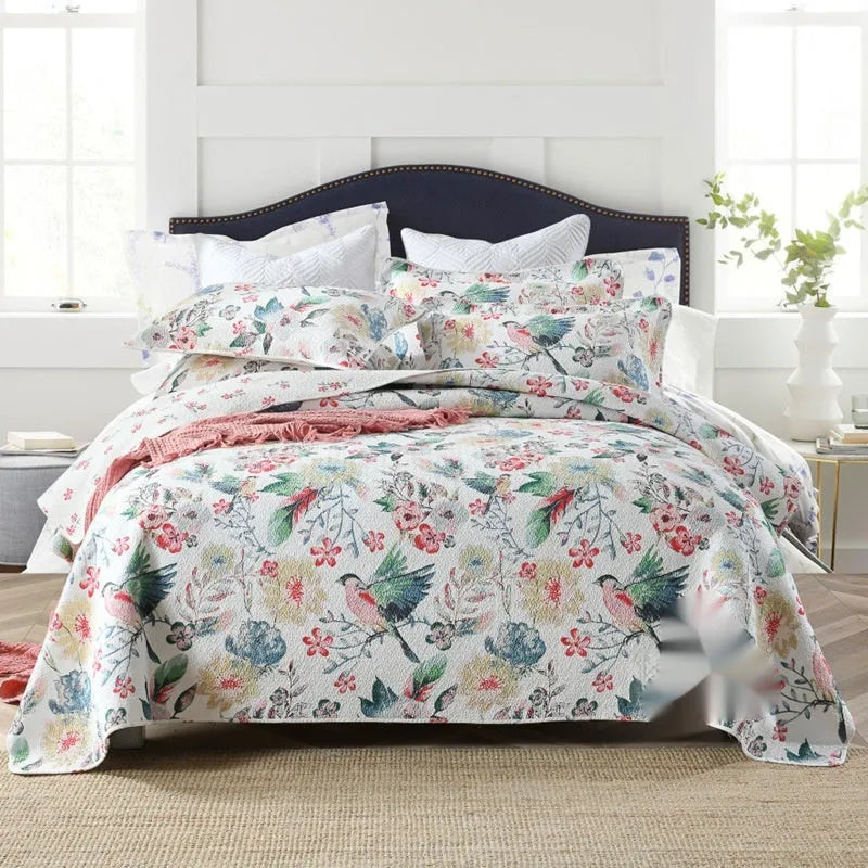 Pure cotton bedspread three-piece set with geometric pattern showing bed cover and pillowcases