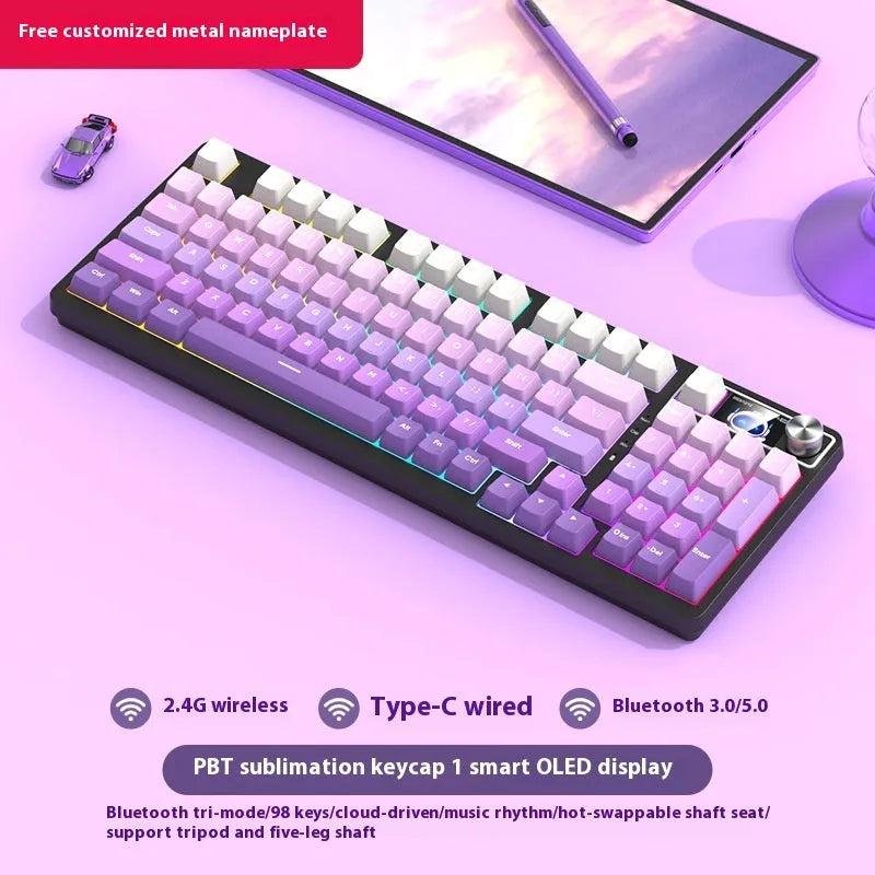 98-key wireless mechanical keyboard kit with metal control knob and optional display screen