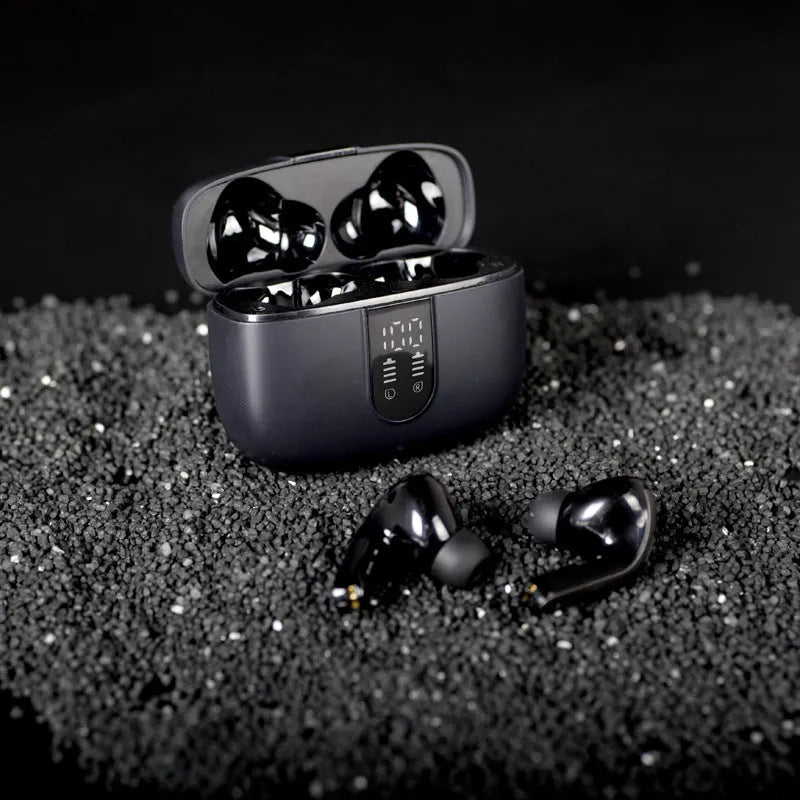Jerry X08 black wireless earbuds with digital display and USB charging case.