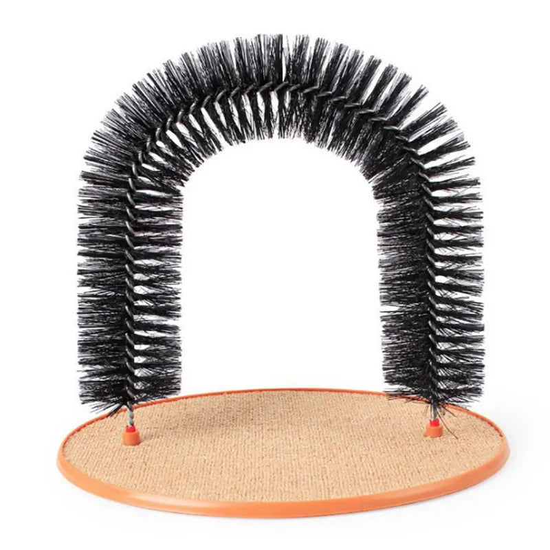 Curved plastic cat arch scratcher with built-in grooming brush bristles for cats to rub against.