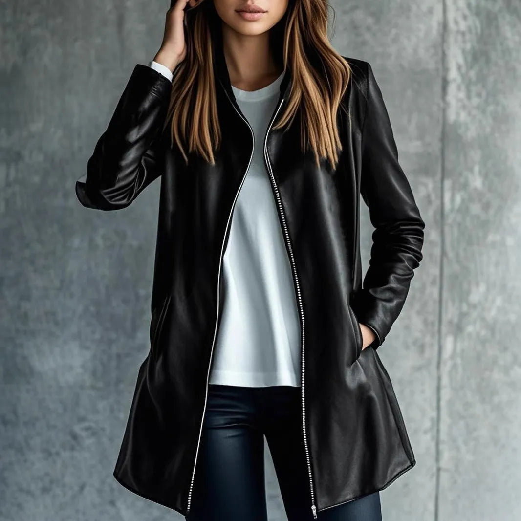 Black women's medium-length polyester jacket with long sleeves on a hanger.