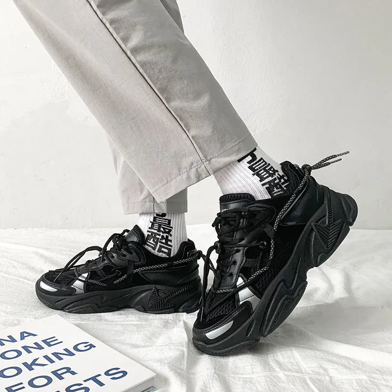 Men's white platform dad shoes with lace-up front and chunky sole