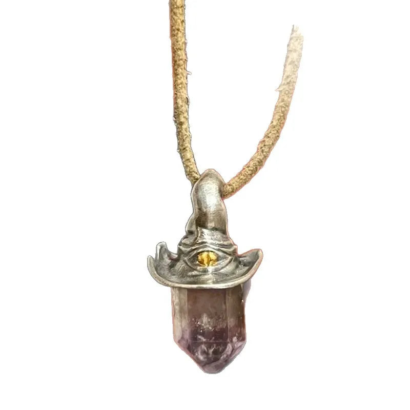 Retro hexagonal witch hat crystal pendant necklace with cowhide rope or black rope and keychain option