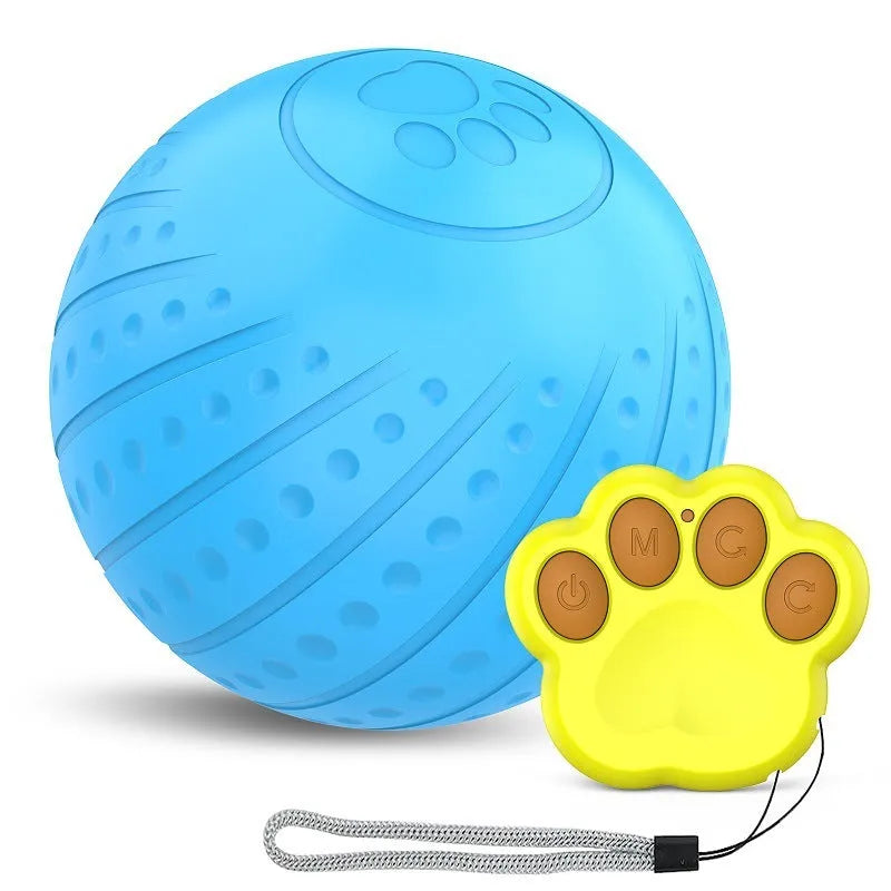 Bite-resistant rubber dog toy ball in blue, green, or orange with automatic or remote-control option