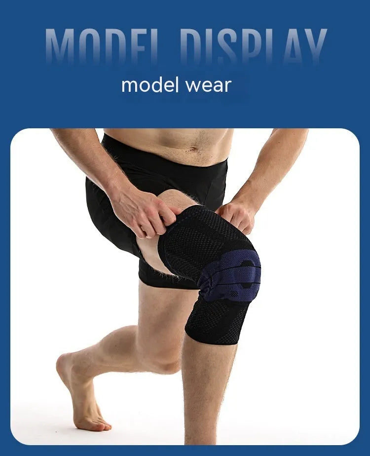 Adult black and blue sports knee pads made from nylon and spandex, shown on a knee.