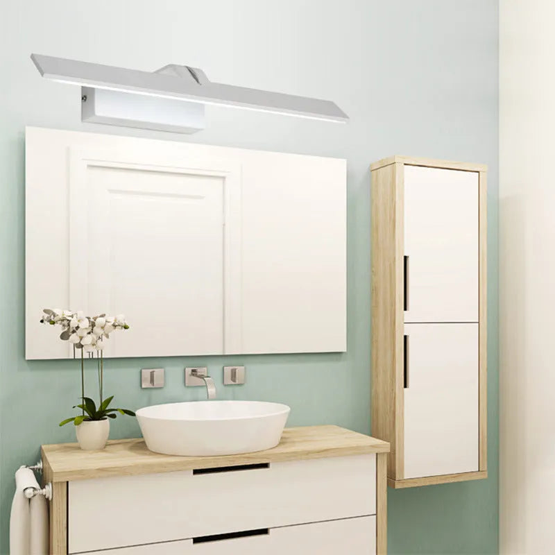 White LED mirror headlight mounted on wall showing positive white light illumination