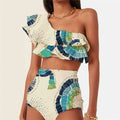 White women's one-shoulder swimsuit with lotus leaf skirt detail and double-layer construction