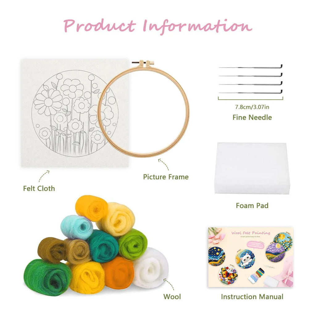 Round embroidery kit with wool felt floral components and 20x20cm linen frame