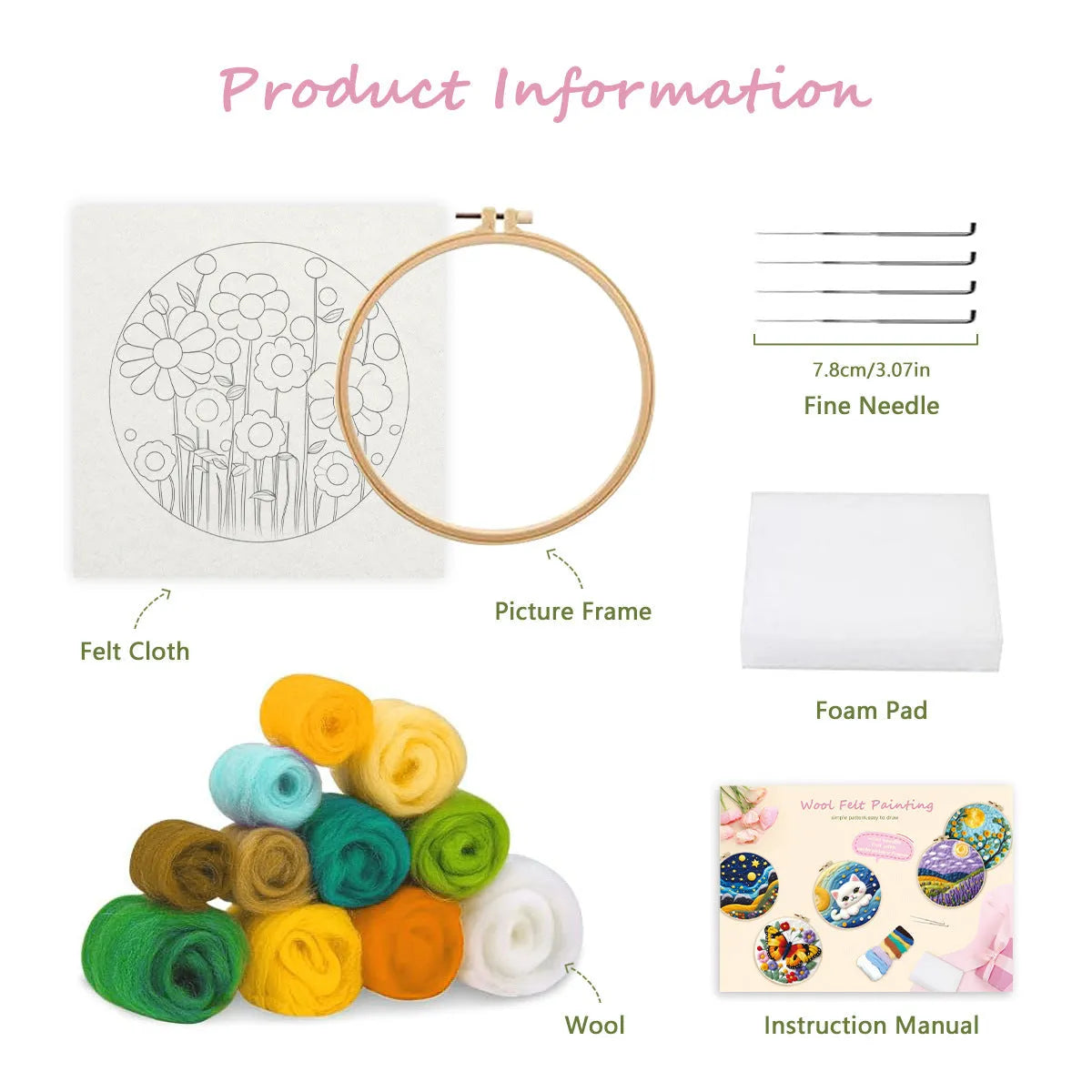 Round embroidery kit with wool felt floral components and 20x20cm linen frame