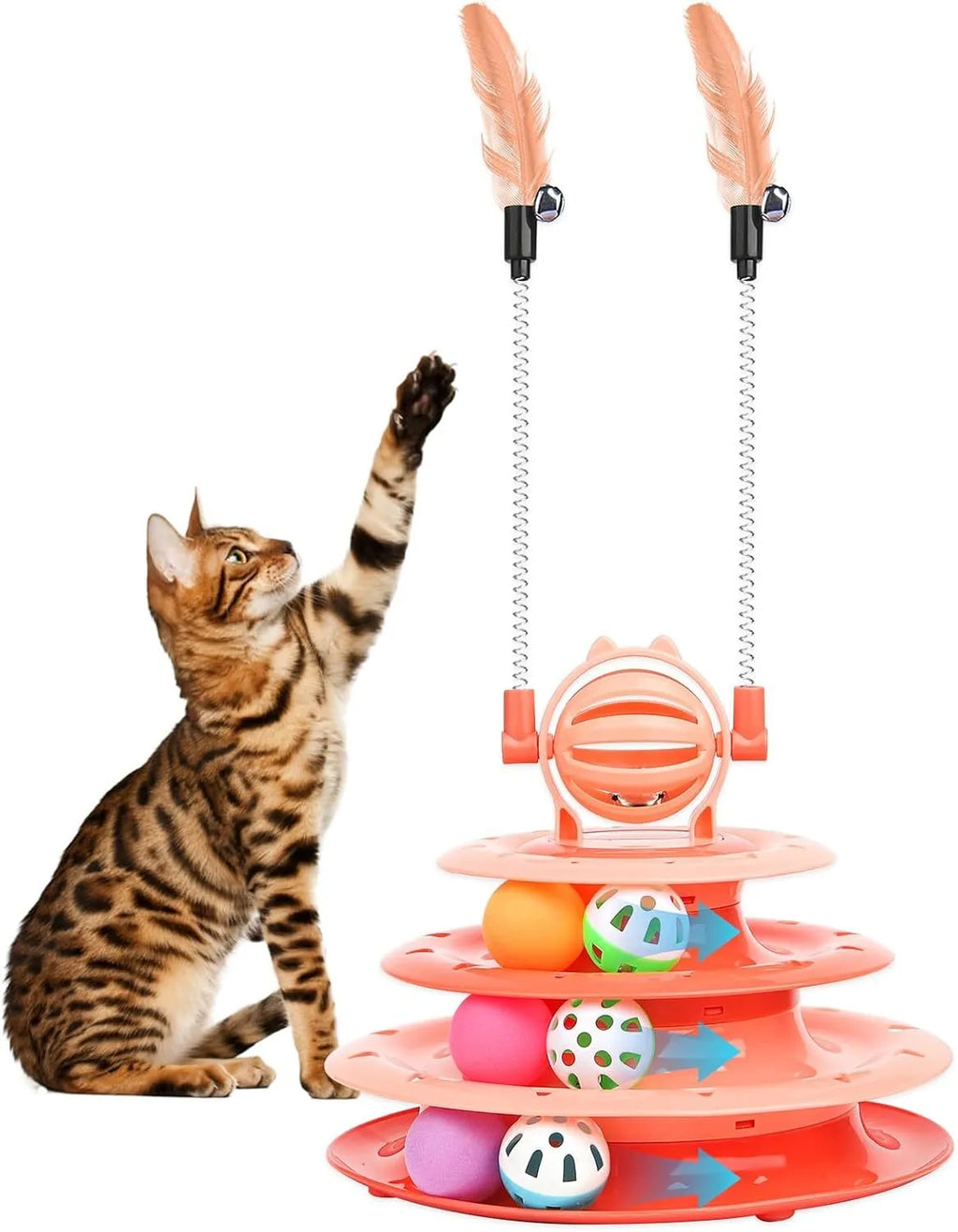 Blue four-tier interactive cat puzzle toy with rolling balls and teaser rods on a table.