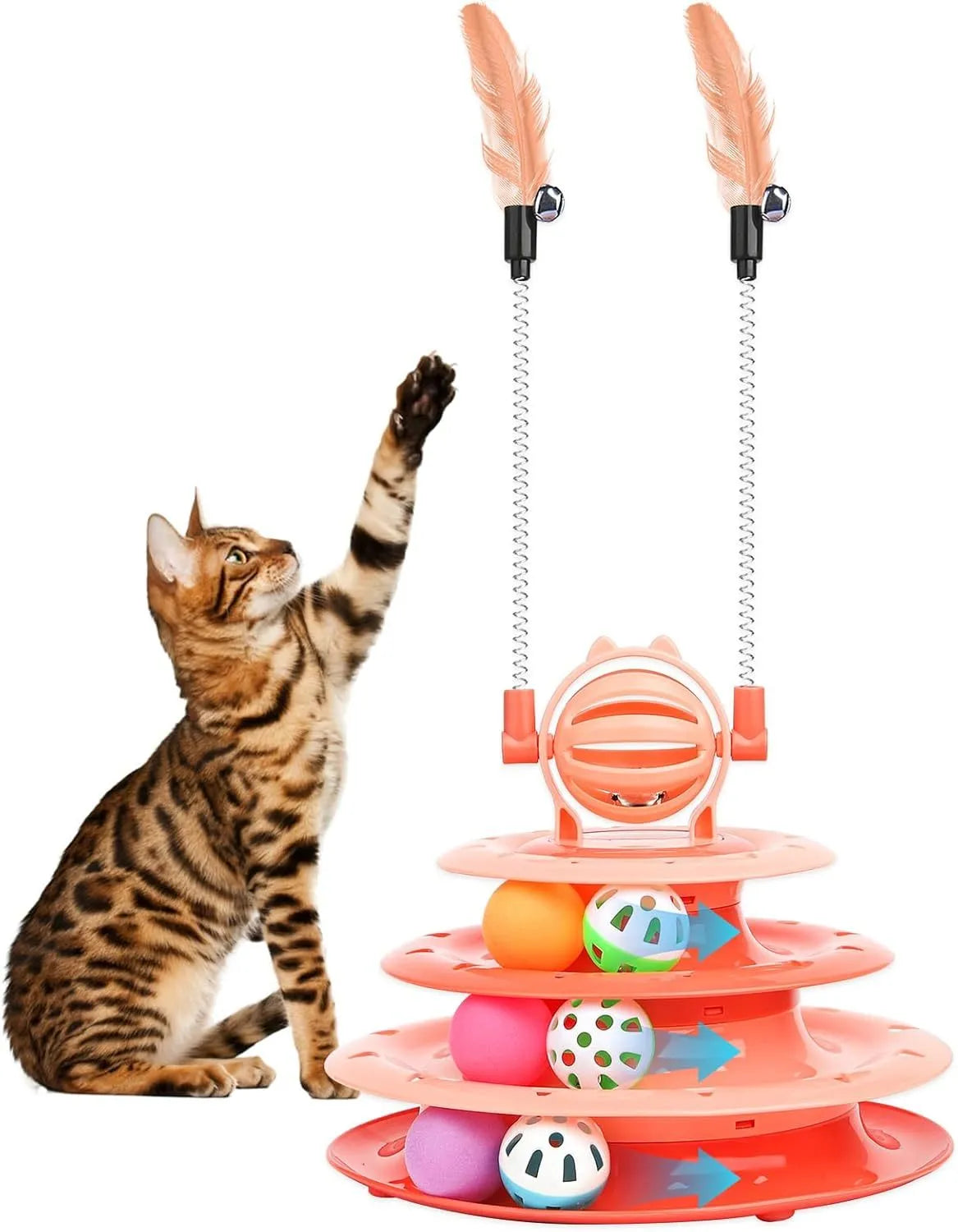 Blue four-tier interactive cat puzzle toy with rolling balls and teaser rods on a table.