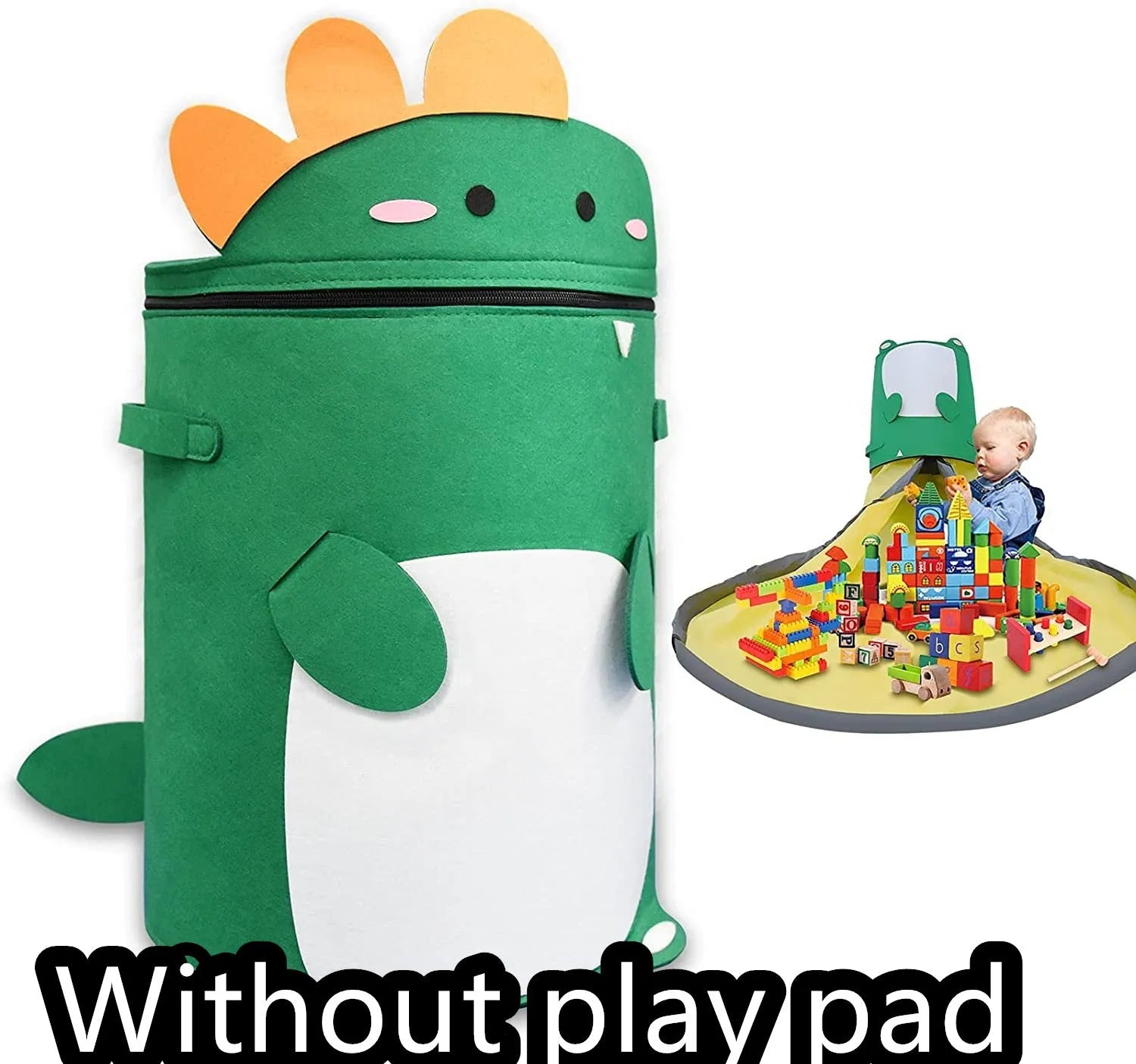 Green felt cube storage bag with pull rope that converts into a flat play mat for toys.