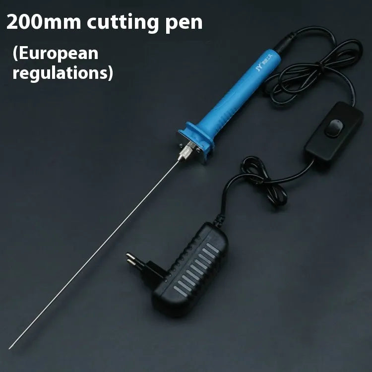 Blue handled electric heating foam cutter pen with a selection of different length metal blades.