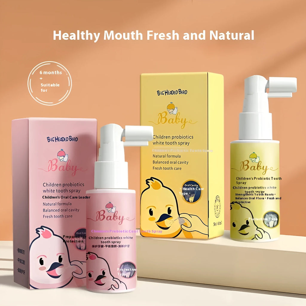Children's probiotic white teeth cleaning spray bottle in strawberry and orange flavours