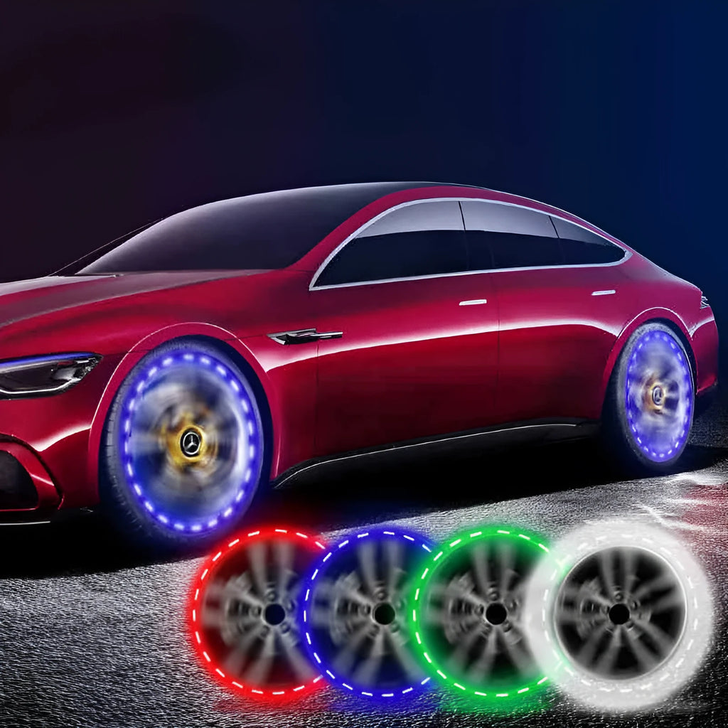 Solar-powered colourful LED valve light for mounting on a vehicle wheel hub.