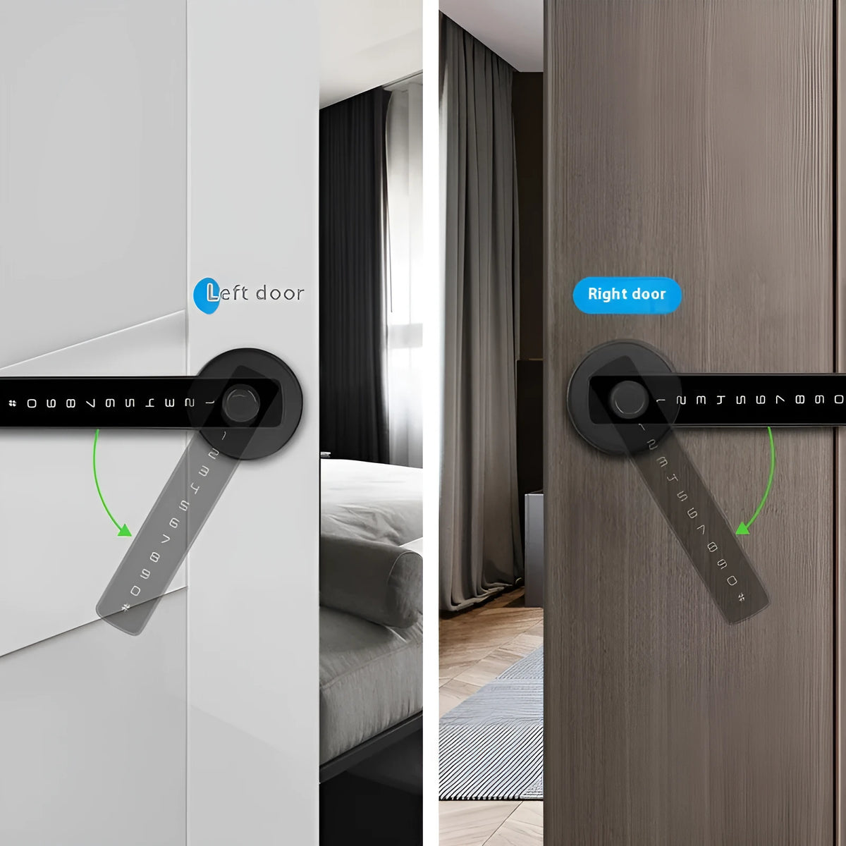Black spherical smart door handle with fingerprint scanner and keypad for indoor wooden doors