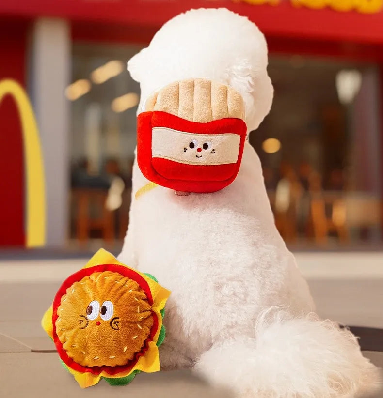 Cartoon hamburger design adjustable escape-proof vest harness and leash for a dog on a walk.