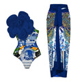 One-piece floral swimsuit in a solid colour with a skirt option on a mannequin.