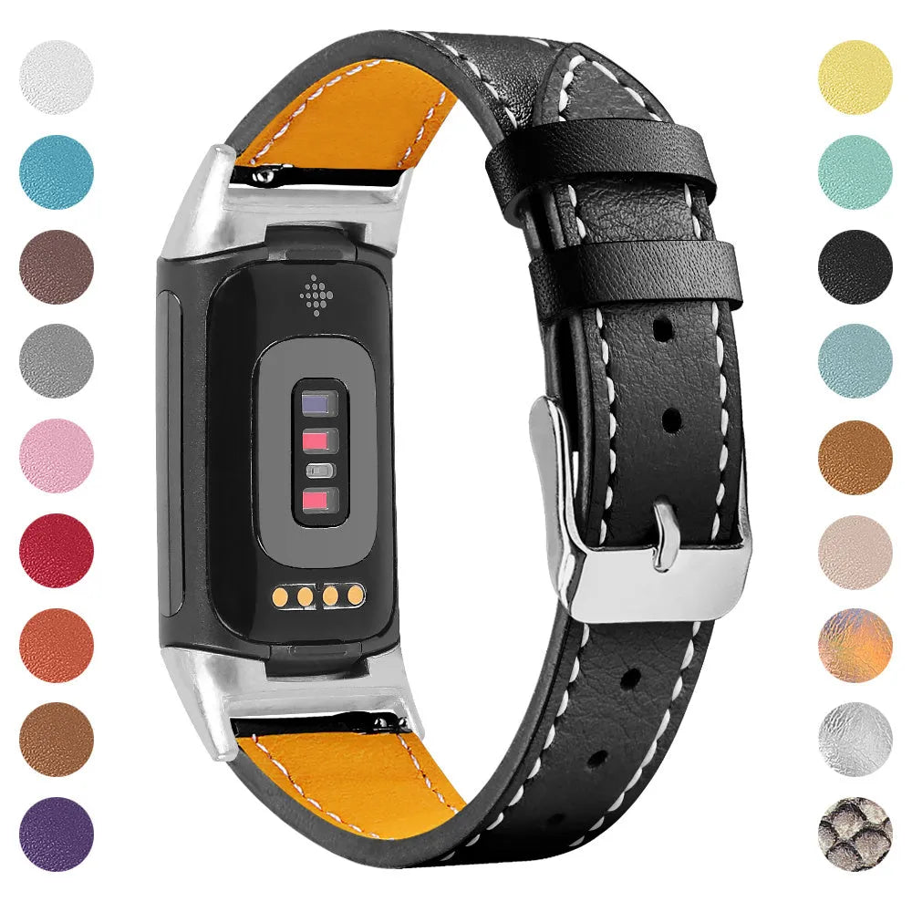 Genuine cowhide leather replacement strap with buckle clasp for Fitbit Charge 5 and Charge 6 smartwatches.
