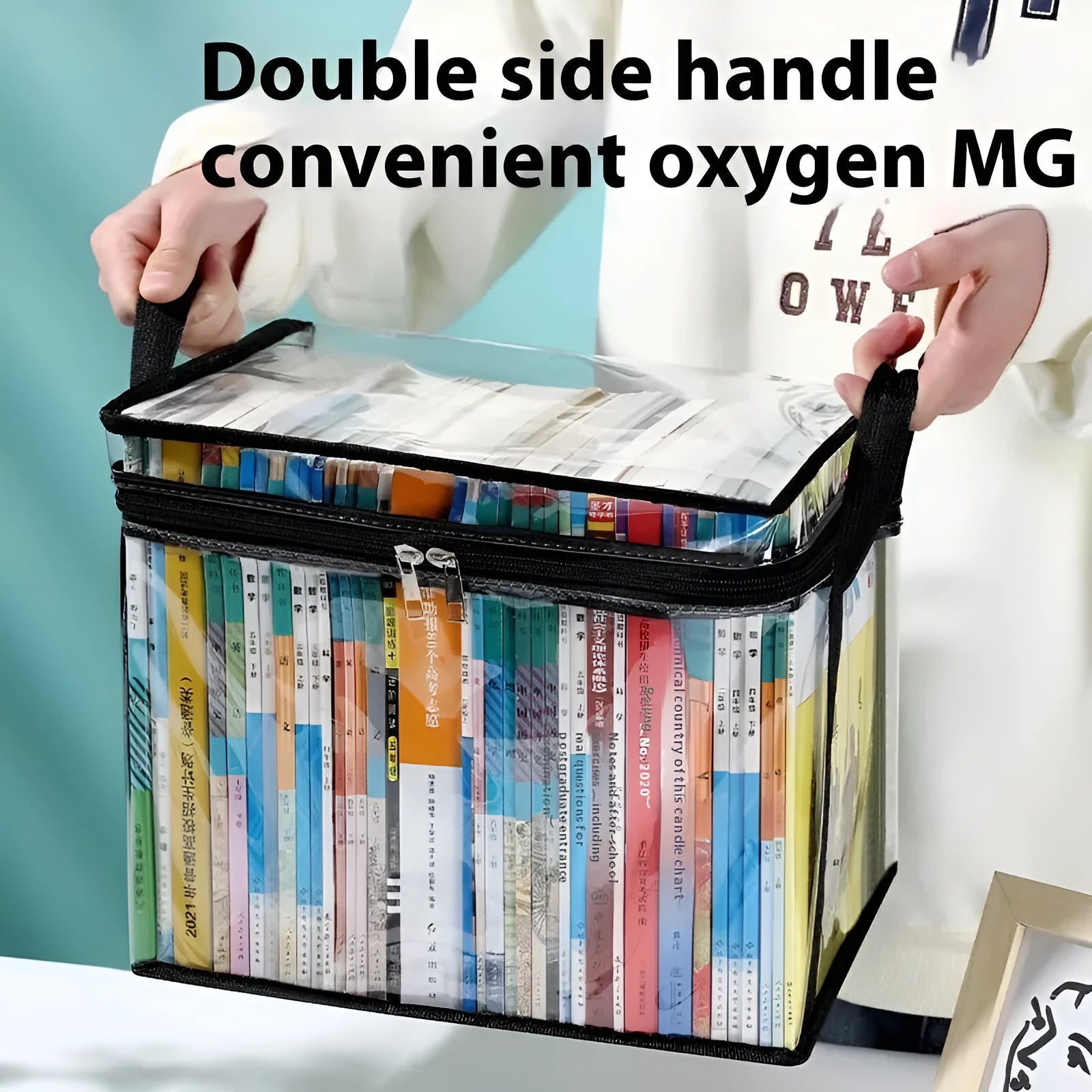 Large PVC foldable storage bag with transparent panels showing 24L capacity for magazine and stationery organisation