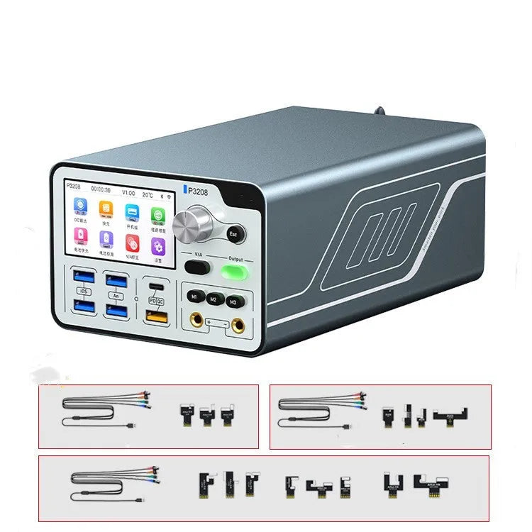 320W smart voltage regulator power meter with blue case and 3-inch IPS display on bench.