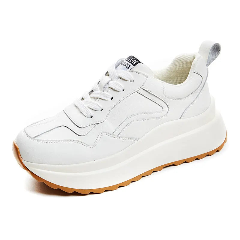 Women's white leather casual sports shoes with cross strap and English muffin heel detail