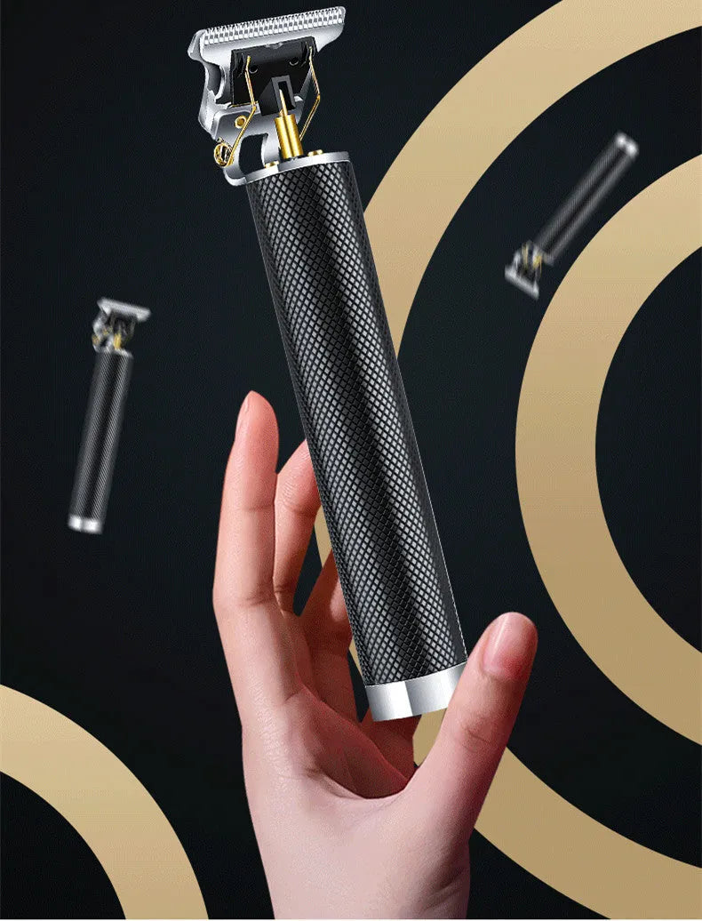 Black USB rechargeable hair clipper with gold steel blades, four comb attachments, and cleaning brush
