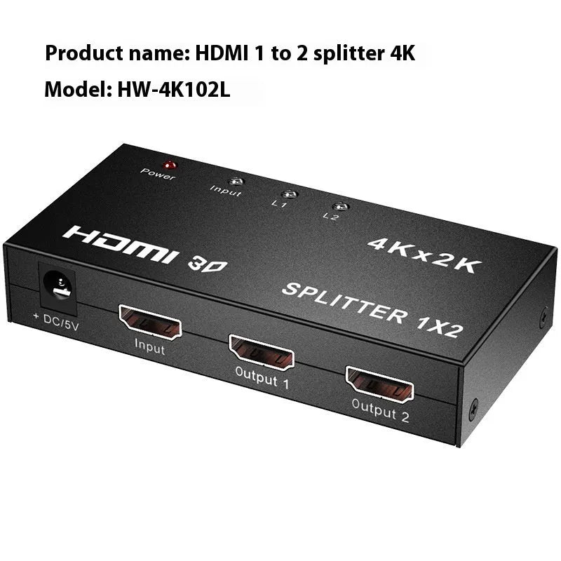HDMI distribution amplifier splitter with one input and two output ports for 4K video