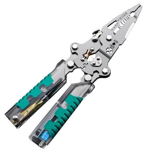 Close-up of a thickened, pointed-nose electricians' pliers and wire stripper tool on a workbench.