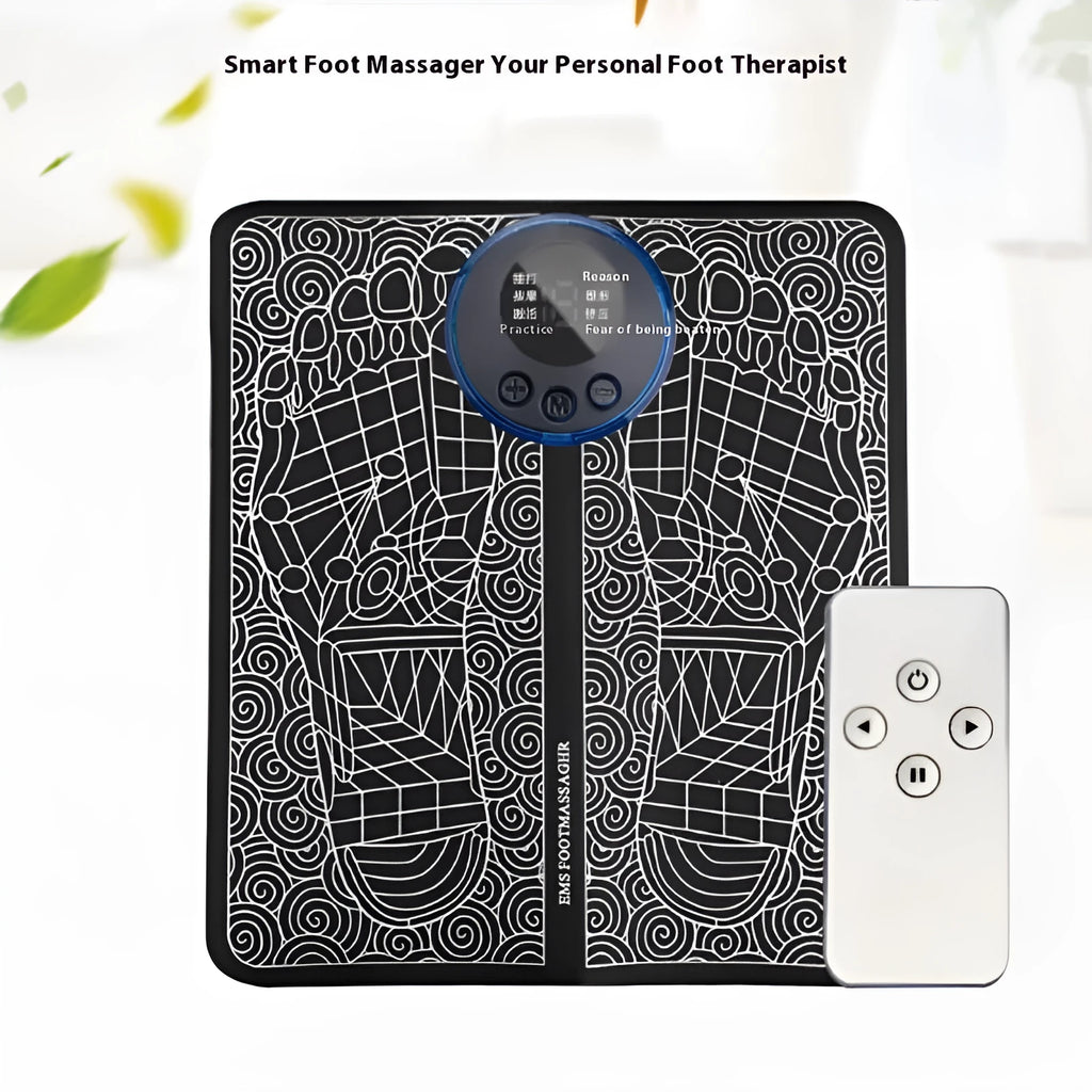 Leather foot massage cushion with remote control, LCD display showing massage modes and intensity levels