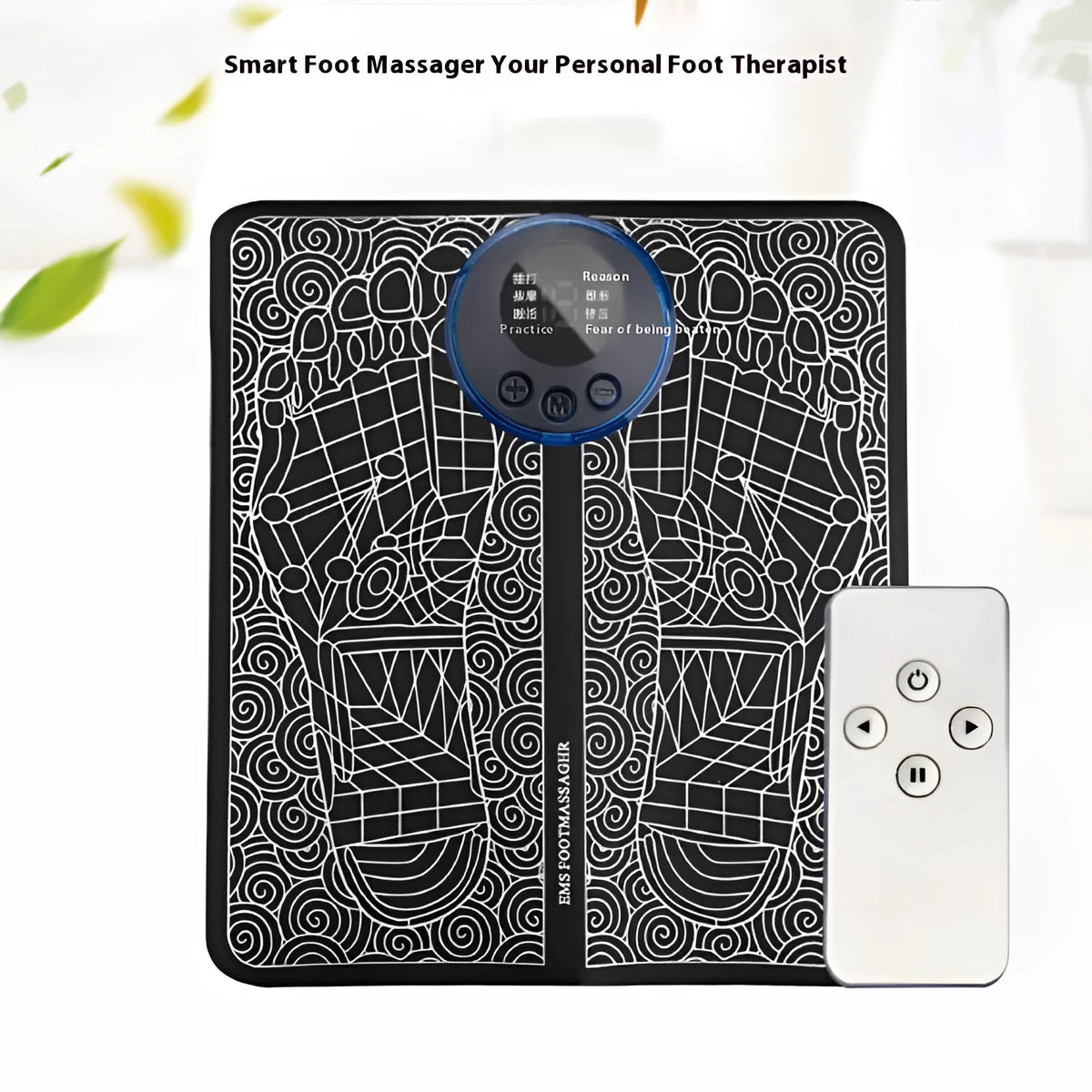 Leather foot massage cushion with remote control, LCD display showing massage modes and intensity levels