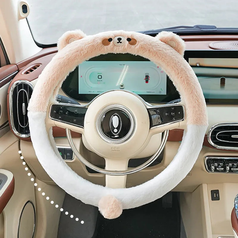 Winter steering wheel cover with plush thermal material and cartoon animal embroidery in 38cm diameter
