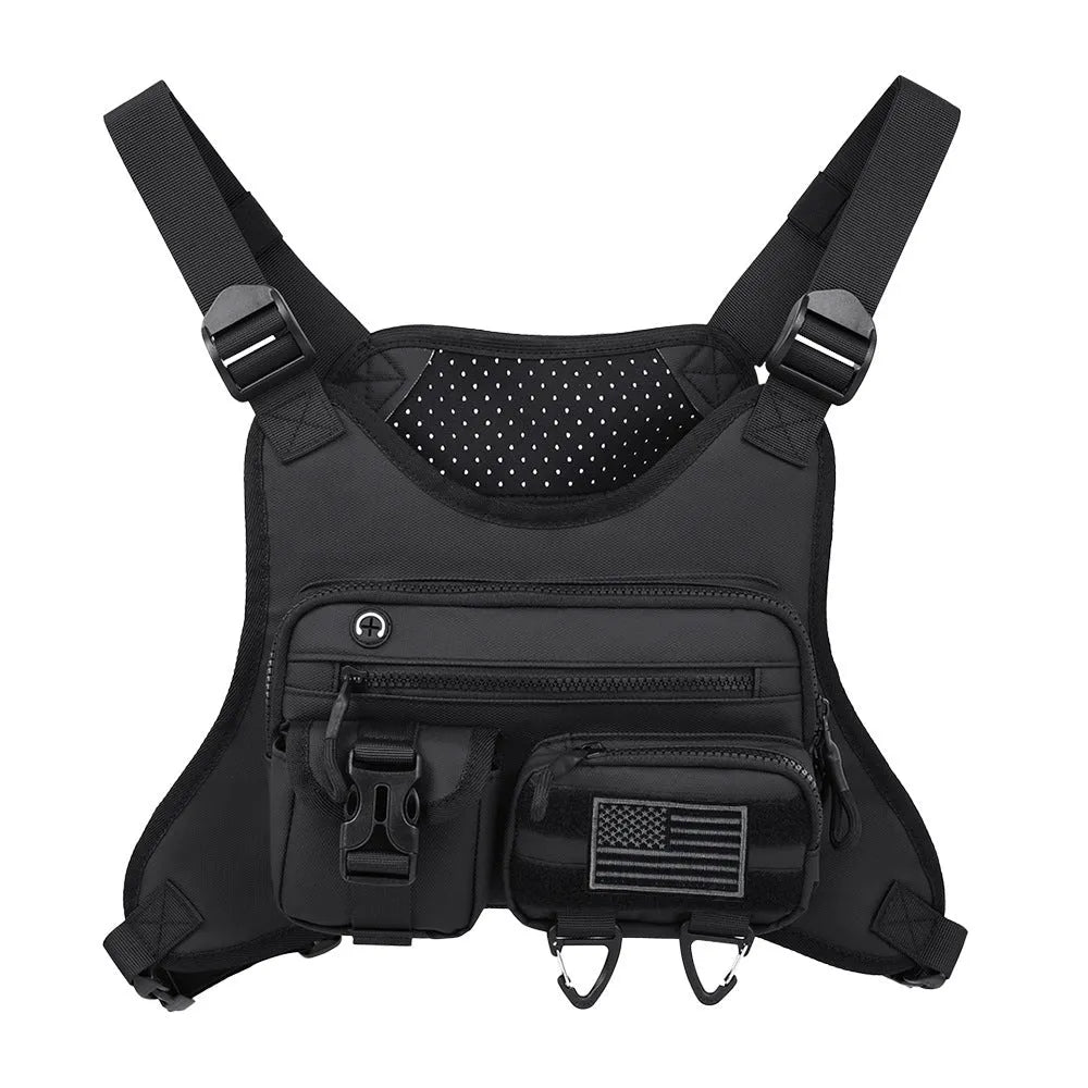 Men's Oxford cloth outdoor sports chest bag in blue, designed as a breathable riding vest.
