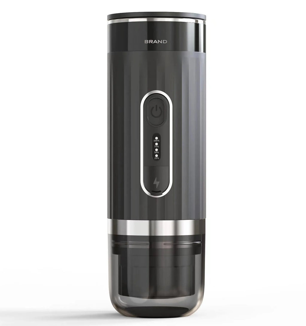 Black portable coffee machine for vehicles and outdoor use with K-cup capsule compatibility