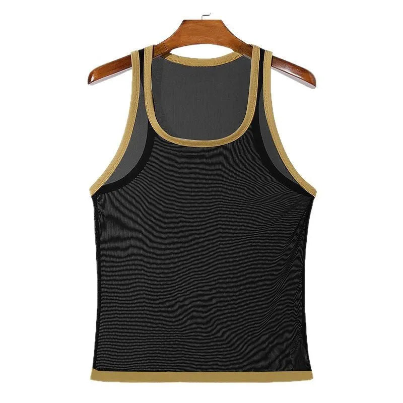 Men's solid colour polyester mesh fitness vest shown in white and black, laid flat.