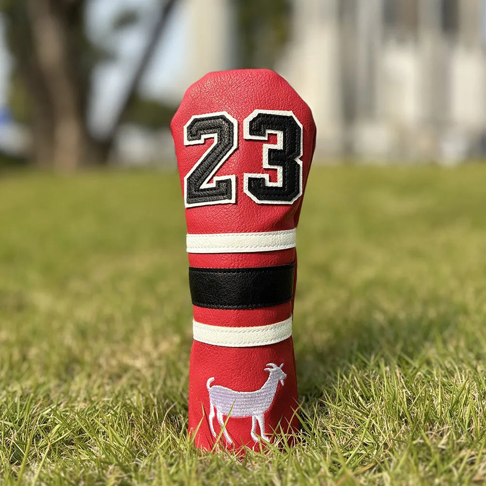 Set of four PU golf club headcovers for driver, fairway woods, hybrid, and putter in assorted colours.