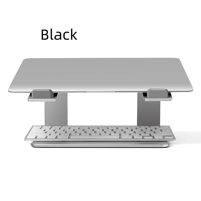 Aluminium laptop stand in black colour showing dimensions 29.9 × 25.8 × 18.5 cm