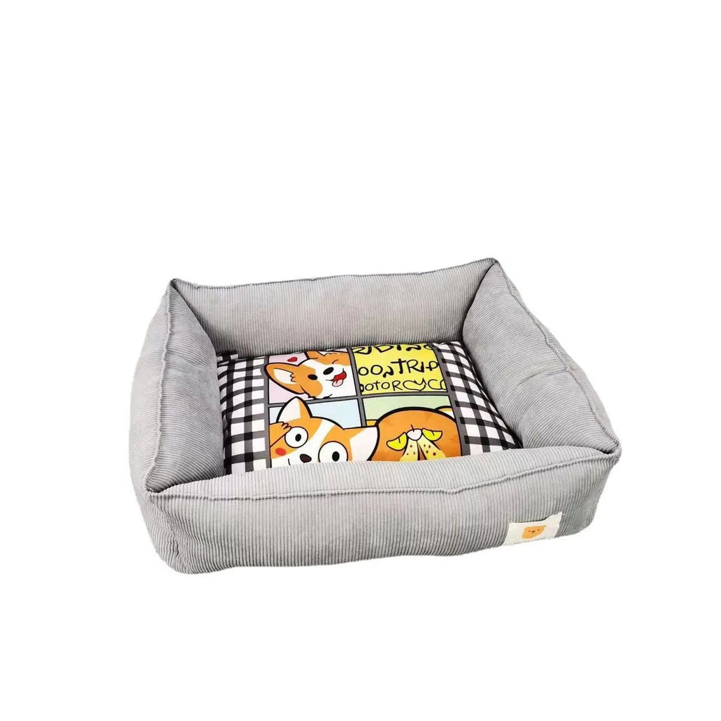 A light blue cotton dog nest with soft lining on a wooden floor.