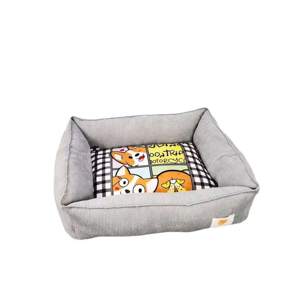 A light blue cotton dog nest with soft lining on a wooden floor.