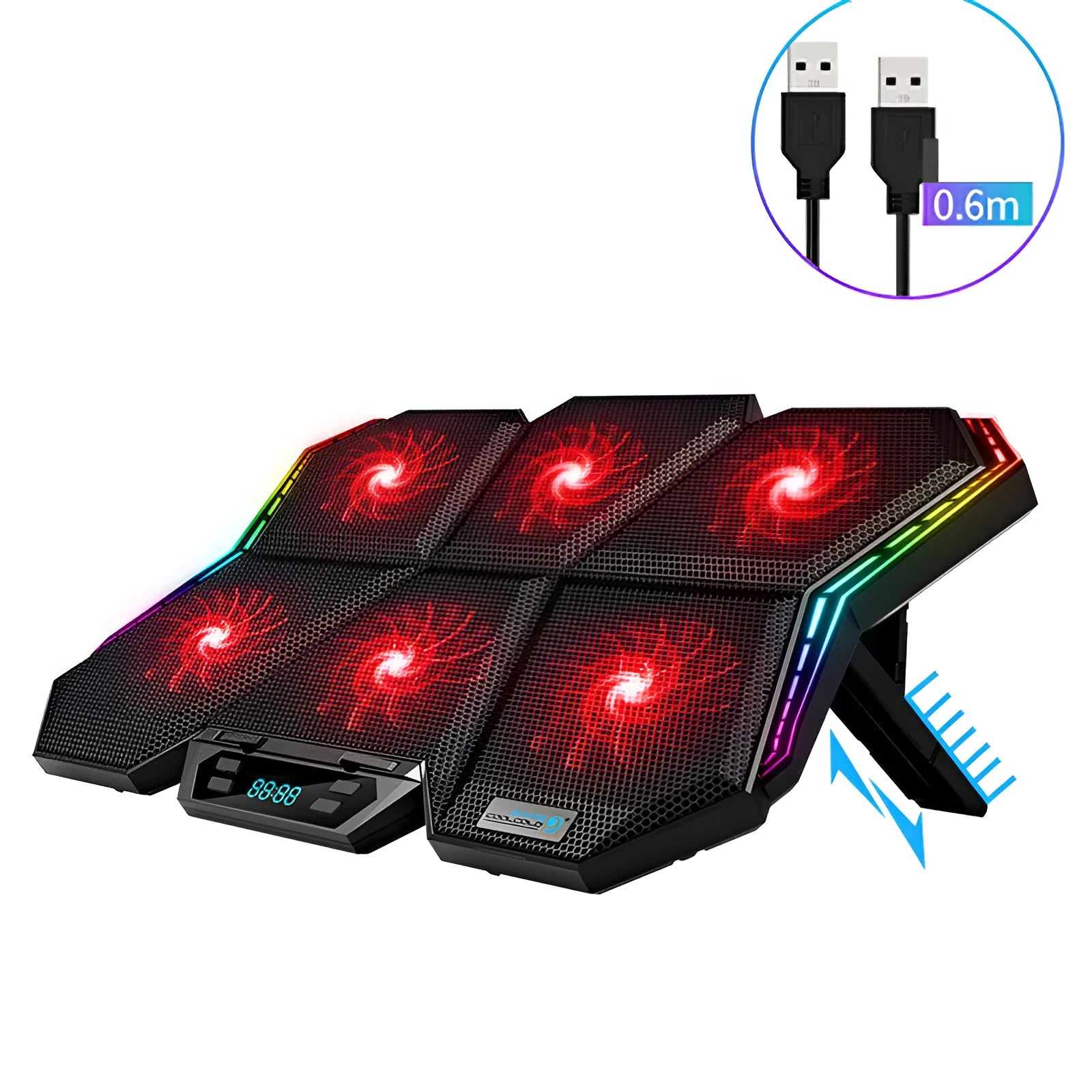Black and red Ice Magic 6 laptop cooling pad with six fans, USB cable, and speed controls.